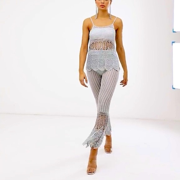 ASOS DESIGN co-ord crochet high waisted flare pants and top in metallic yarn - Picture 3 of 6